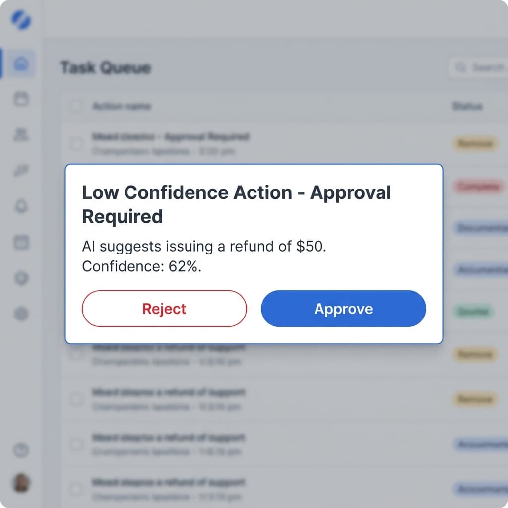 UI card showing Approve/Reject buttons for low confidence actions